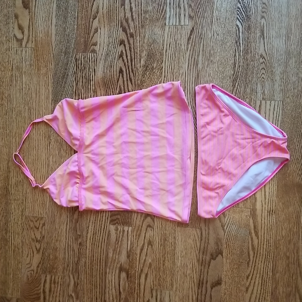 (M) Firefly Girl's Orange and Pink Striped Tankini Summer Swim Neon Barbiecore